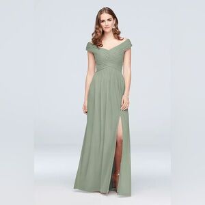 Dusty Sage David’s Bridal crisscross off-the-shoulder mesh bridesmaid dress siz4